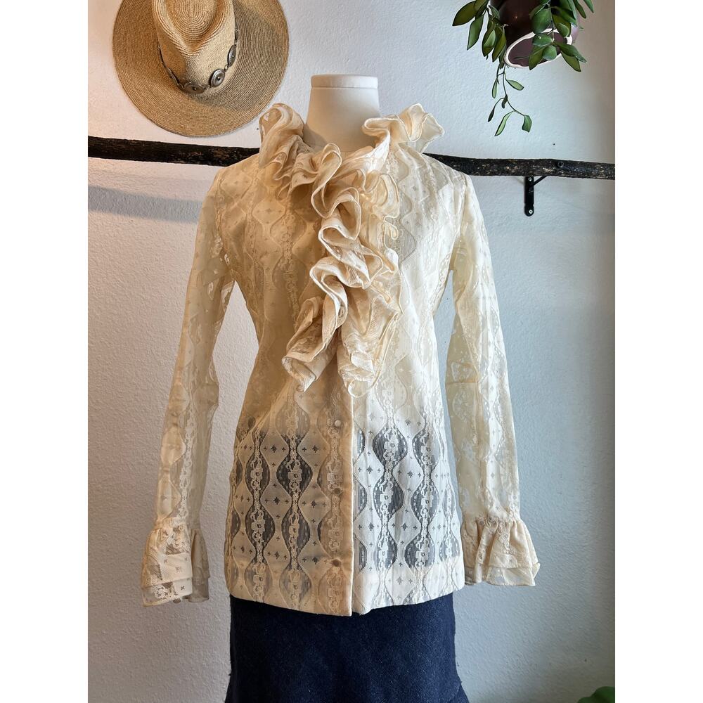 Vintage Neiman Marcus Cream Lace Ruffled Collar Long Sleeve Blouse Size 10 - Picture 14 of 14